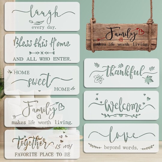 8 PCS Inspirational Quote Stencils for Painting on Wood – Reusable Drawing Templates for DIY Wood Signs, Wall Art, Porch Decor & Home Craft Projects